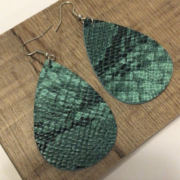 Green Snakeskin Leather Teardrop Earrings - Picture 2 of 4